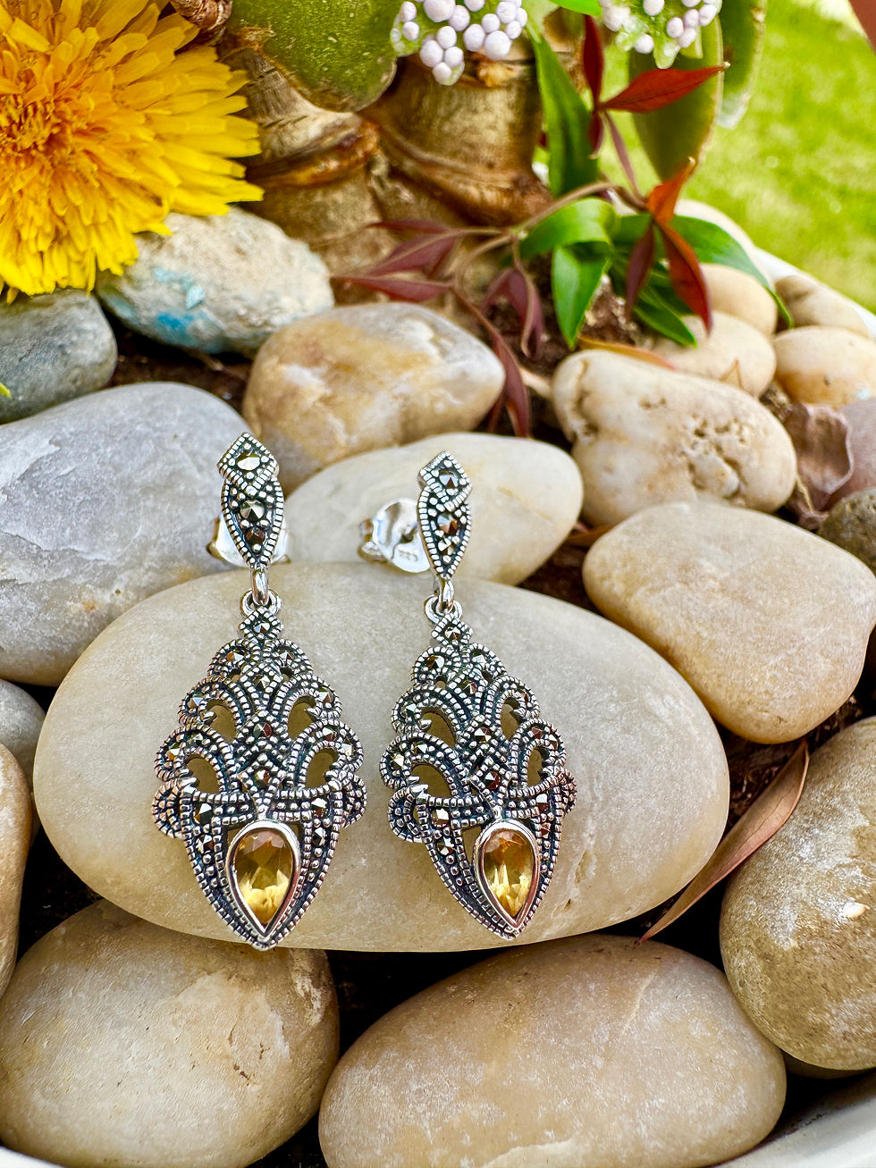 Thumbnail: women wedding long drop Art Deco Citrine Marcasite Sterling Silver Earrings,ireland,Gift for  birthday  Christmas