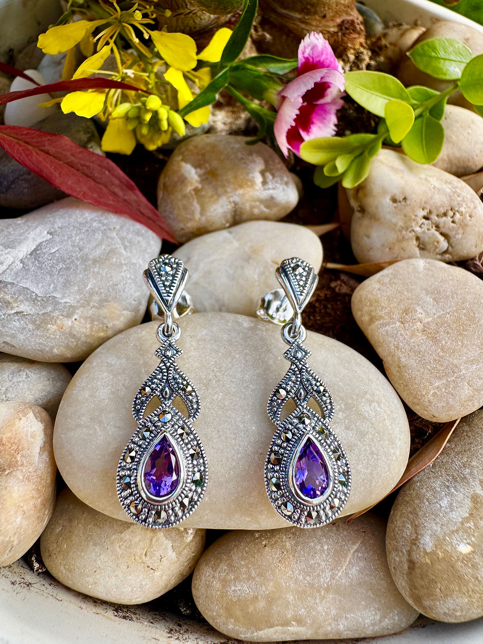 Gemondo Orecchini Pendenti Art Déco In Argento 925 Con Spinello Nero E Marcasite - 1,58 Ct Totali