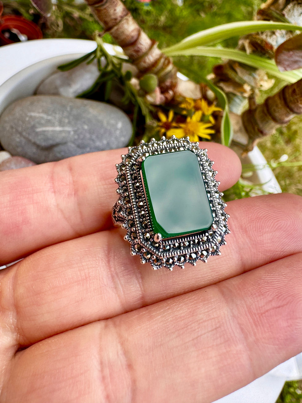 Thumbnail: Art Deco Green Onyx  Marcasite Sterling Silver Ring