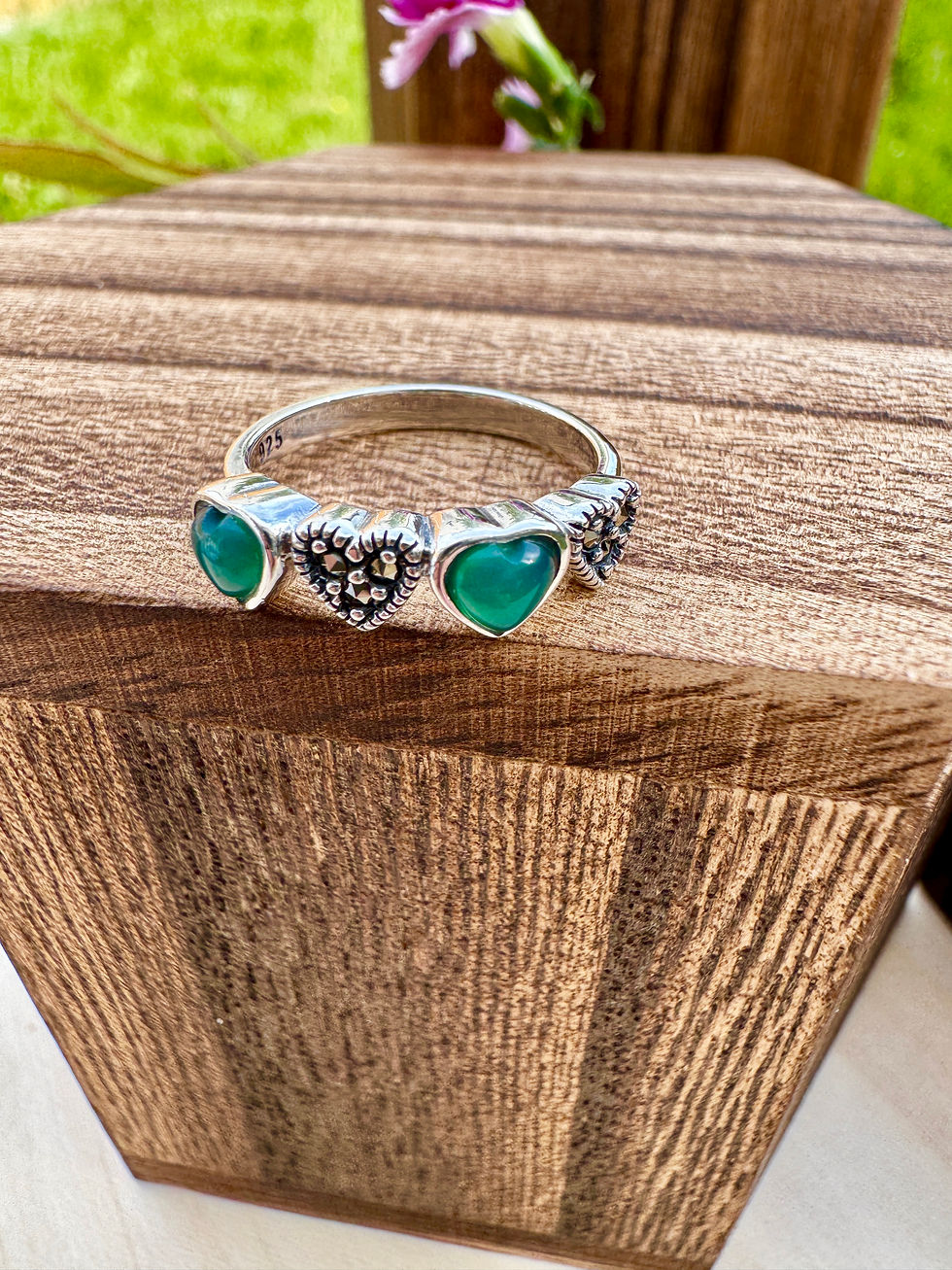 Green Onyx  Hearts Sterling Silver Marcasite Ring