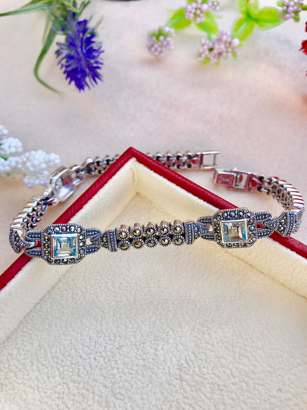 Thumbnail: Blue Topaz Marcasite Art Deco Sterling Silver Bracelet