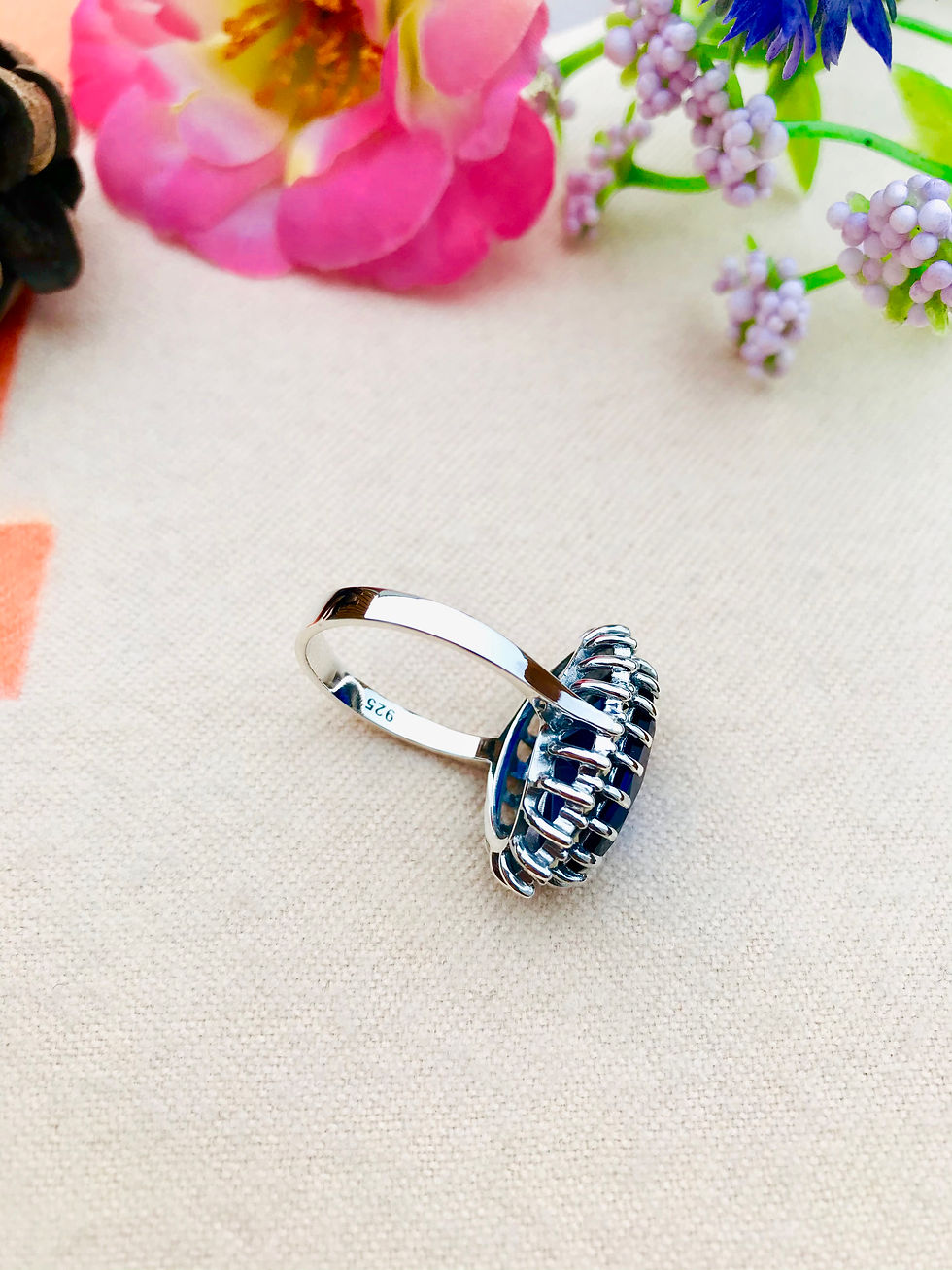 Thumbnail: Large Statement Sapphire Marcasite Sterling Silver Ring