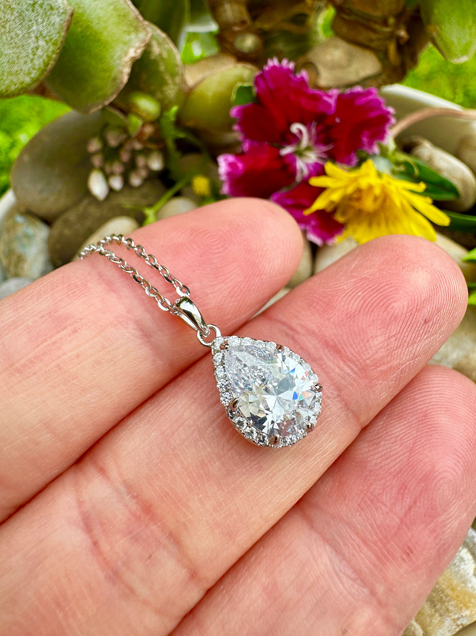 Thumbnail: Timeless Pear Oval Halo Clear Zirconia Necklace, gifts, irish business
