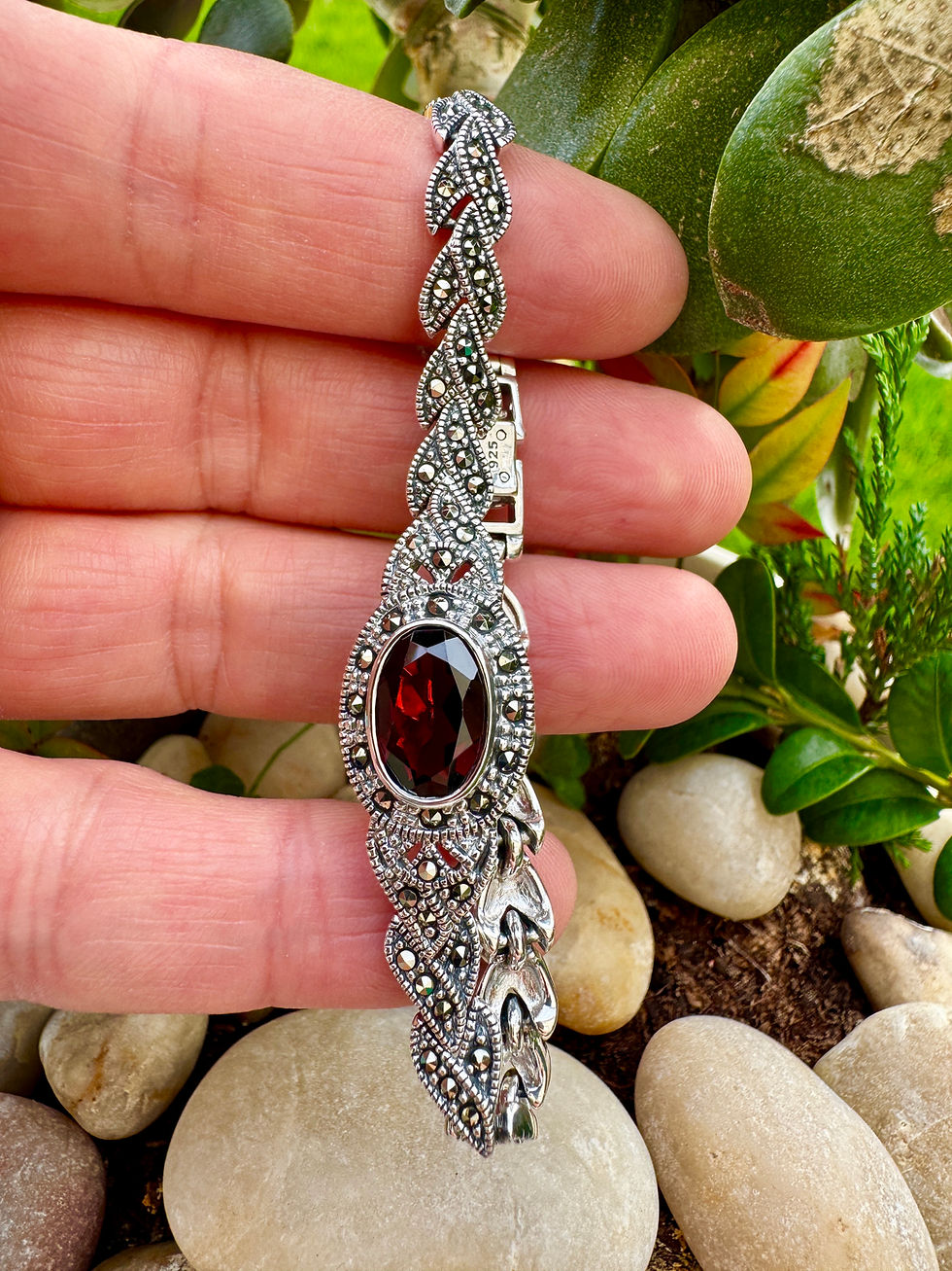 Thumbnail: Art Deco African Garnet Marcasite Sterling Silver Bracelet,gift ideas, Irish Business, fast delivery