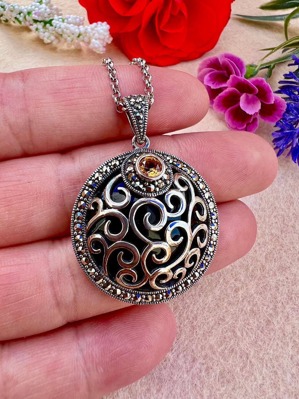 Thumbnail: Citrine & Onyx Marcasite Sterling Silver Necklace