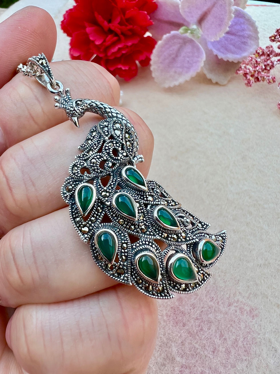 Thumbnail: Green Onyx Peacock Silver Marcasite Necklace
