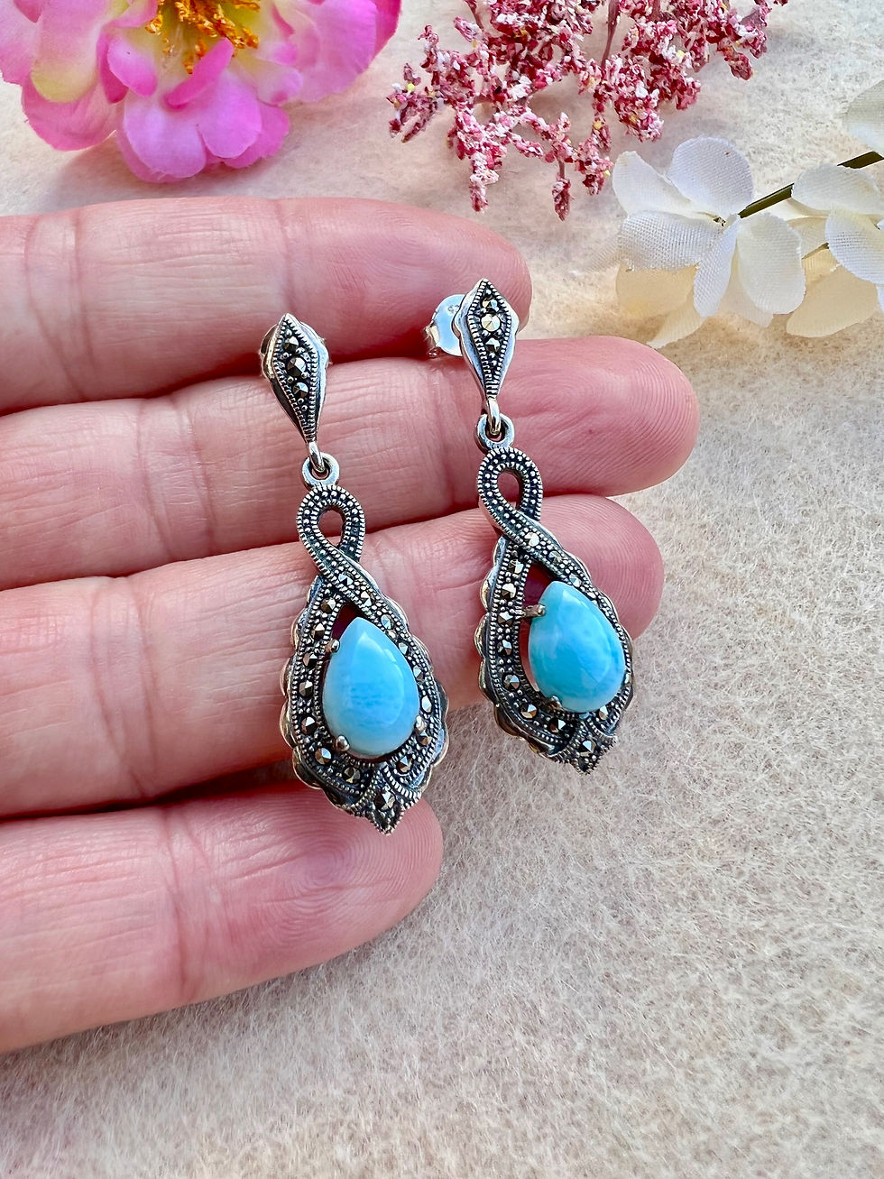 Thumbnail: Dominican Larimar Infinity Silver Marcasite Earrings