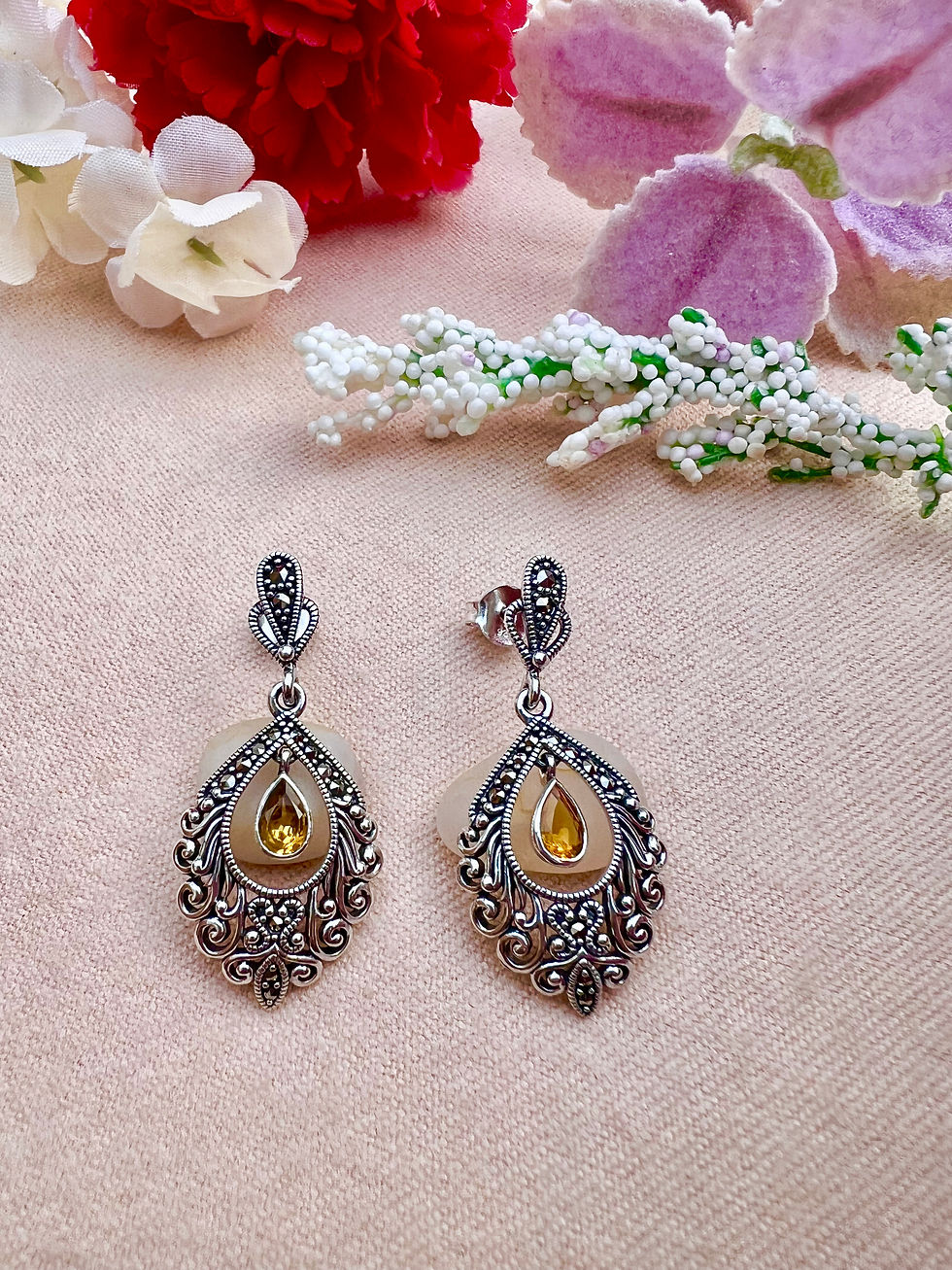 Thumbnail: Citrine Silver Marcasite Earrings
