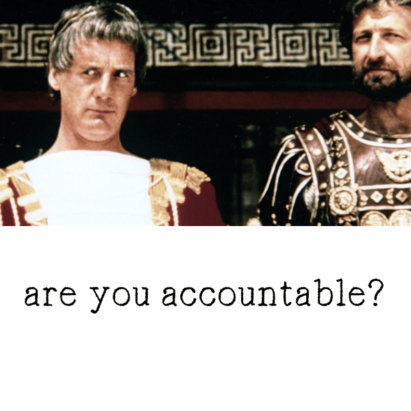 Julius Caesar in a Monty Python style, symbolizing the concept of accountability in Business Coach NZ