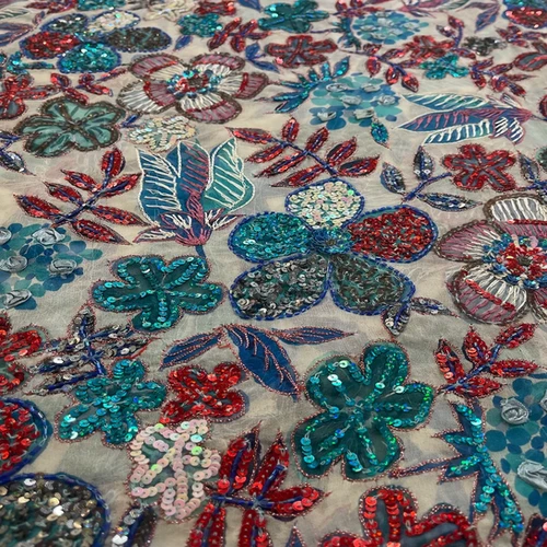 Ink Blue Sequins & Beads on Chiffon JEC-132-12 Fabric