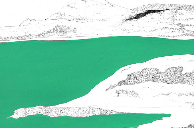 this print depicts hills across a loch. The loch in mint green seperate the hills in the foreground and background. The hills are drawin in black ink on white background, in pointillism breating a dreamlike dizzying effect often felt in the grey pixelated scenes of scotland..