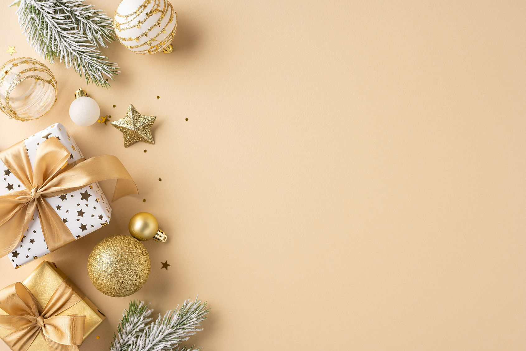 Stylish Christmas decoration concept with luxurious golden ornaments, presents, and festiv