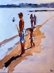 Children walking on a beach, sunny day, with people in the background. Téa's Portraits