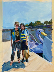 Two children pose next to a blue swan sculpture, on a sunny day.