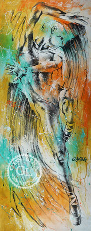 colorful yellow and green female dancer painting on canvas.