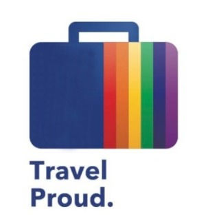 Blue suitcase with LGBTQ proud rainbow stripes