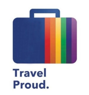 Blue suitcase with LGBTQ proud rainbow stripes