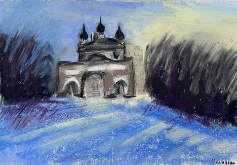 church light landscape in soft pastel in blue