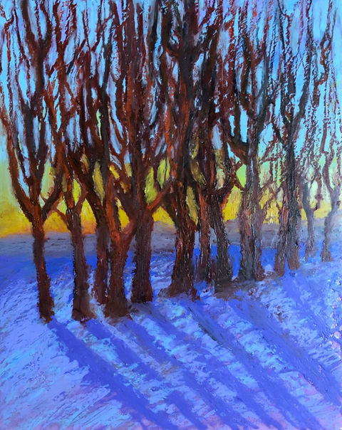 glowing trees against the orange sun in a winter forest landscape in encaustic