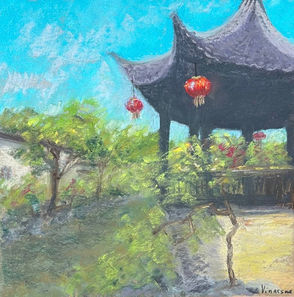 a painting of a Chinese parc with red lanterns by vinassac