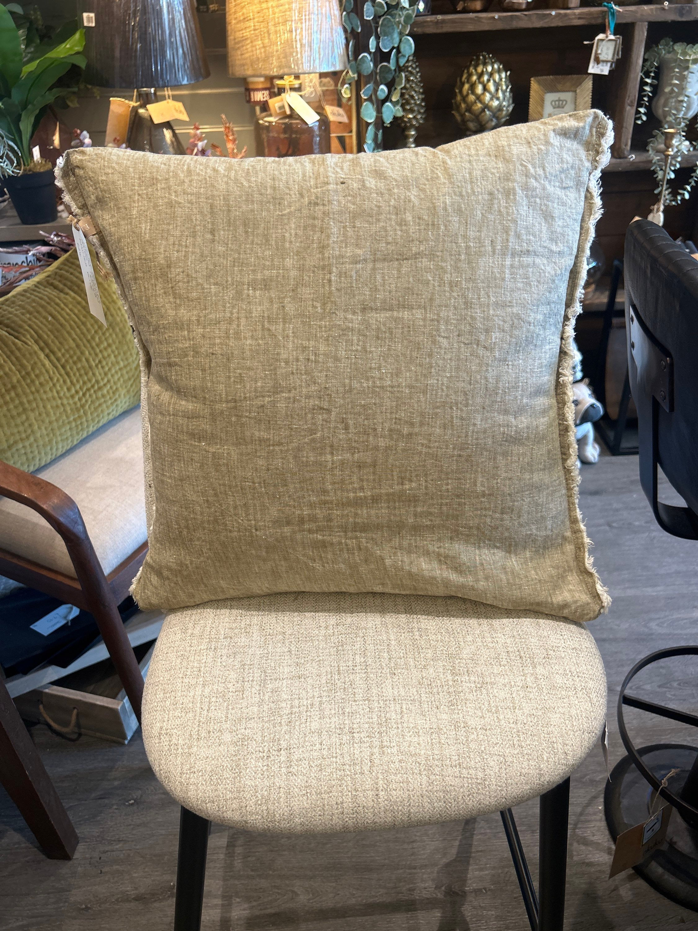 Esmee Fringed Linen Cushion Cover Washed Olive