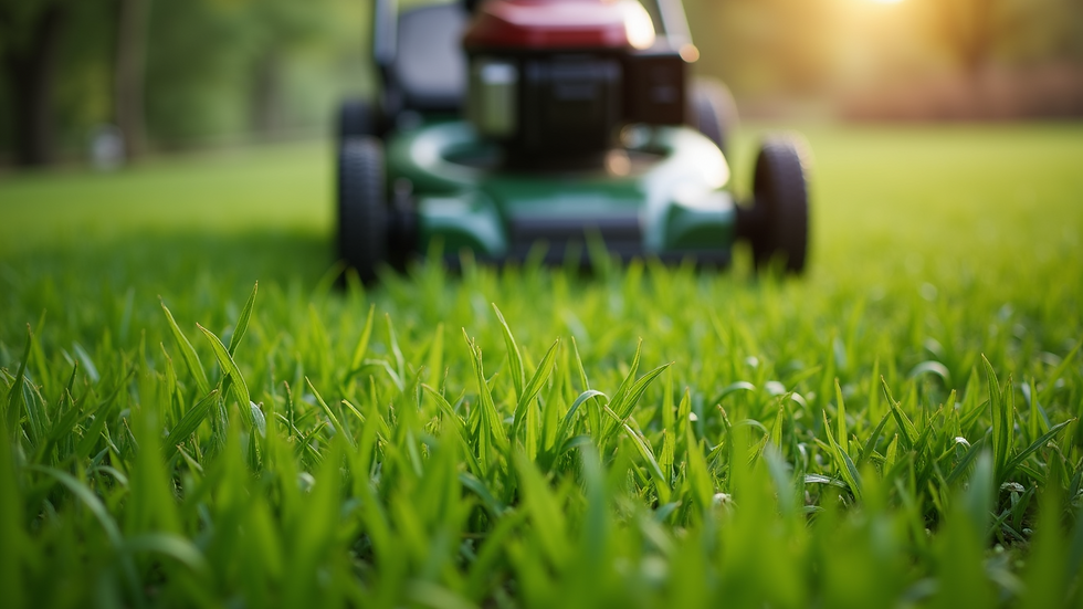 Close-up of green grass being mowed with a lawn mower