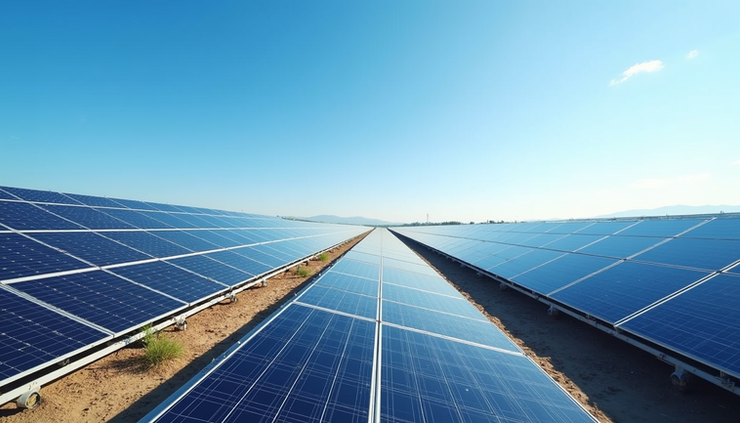 Eye-level view of a large solar farm with rows of photovoltaic panels under a clear sky