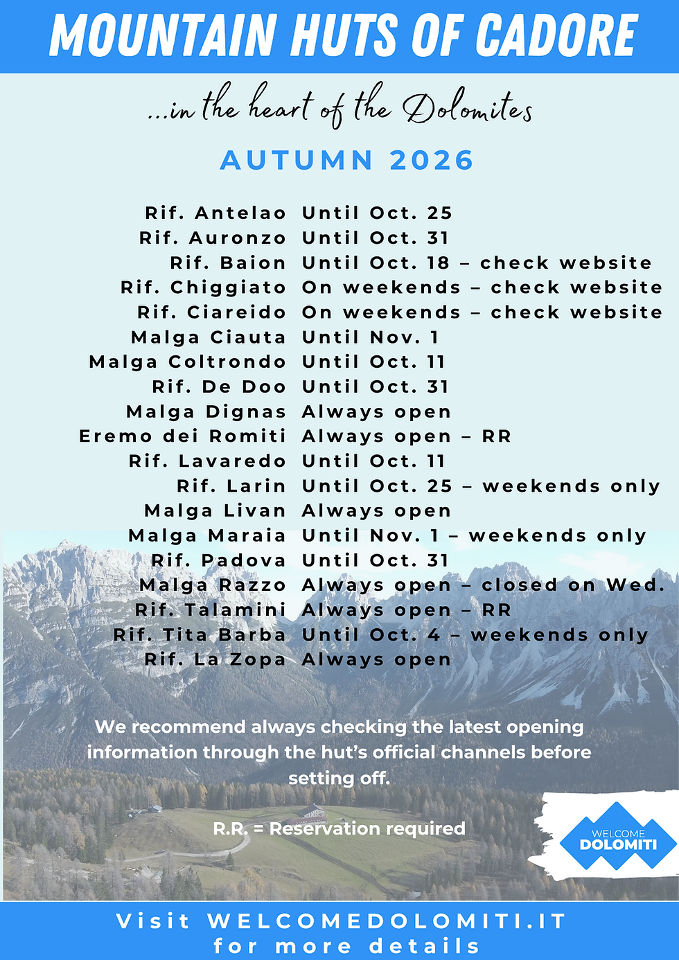 Mountain huts of Cadore autumn 2026 opening dates