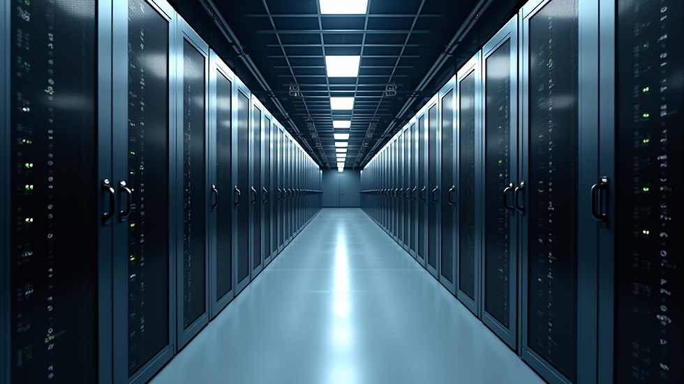 Eye-level view of a modern data center filled with servers