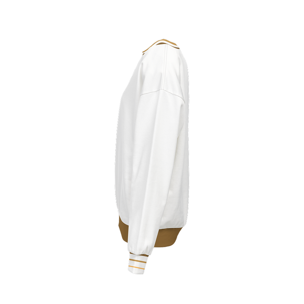 Miniatura: Love Hertz Hz Relaxed Fit White Crewneck Sweater Left Side View with Gold Trimmings. White Background.