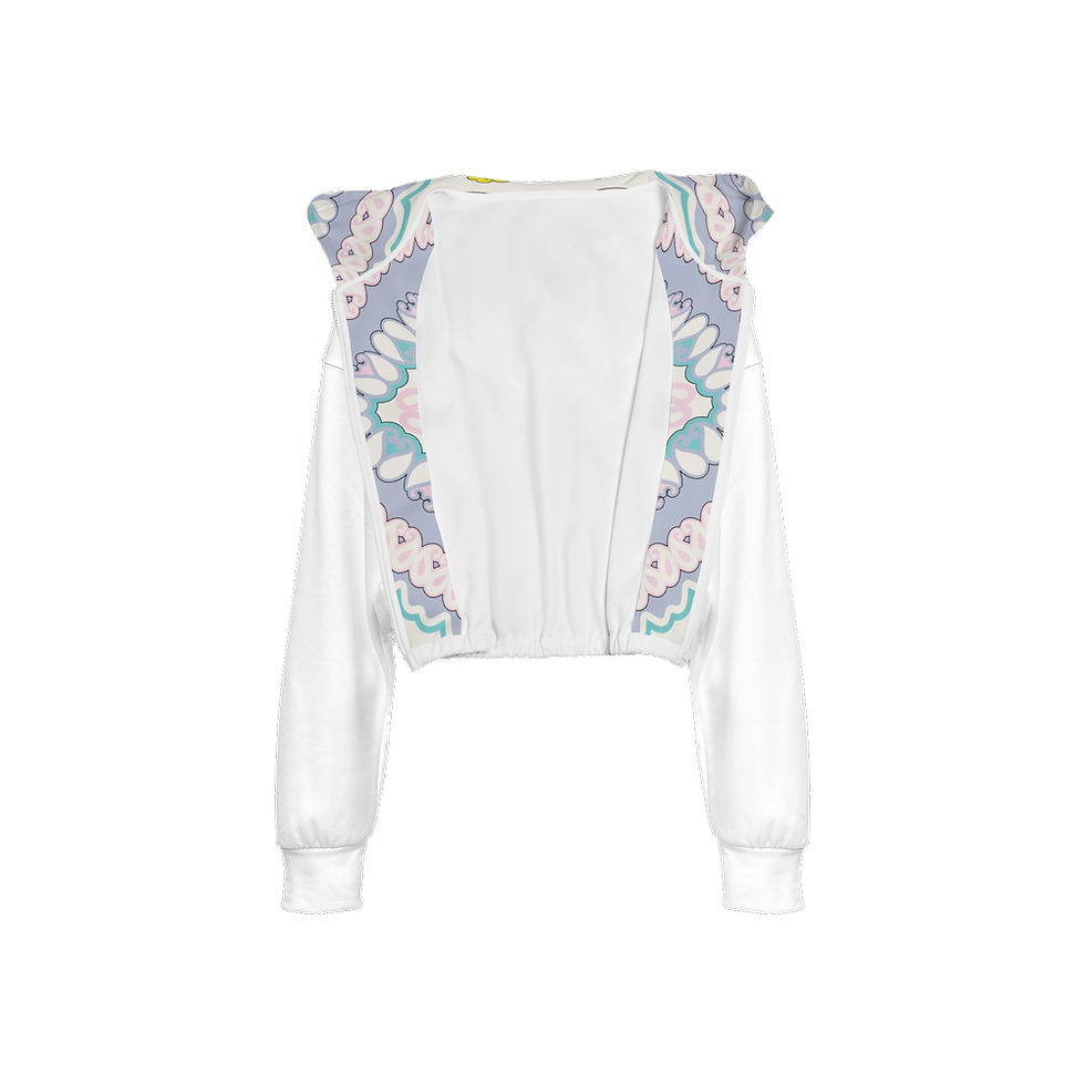 Thumbnail: Love Hertz Hz Women's Cropped Full-Zip Double-Layered White Hoodie Unzipped Trimming Designs. Front View, White Background.