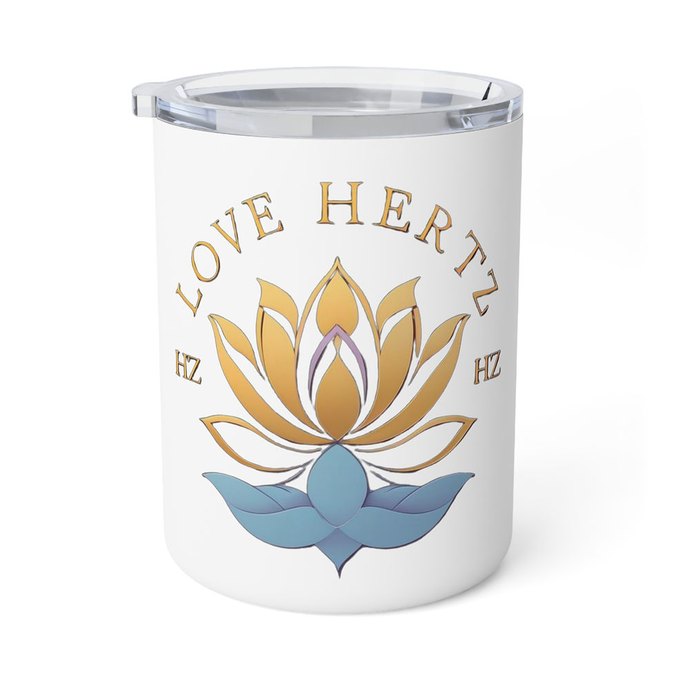 Love Hertz Hz Golden Lotus (White) Heat-Insulated Beverage Mug Front View with Logo against a white backgropund.
