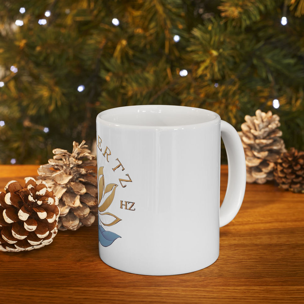 Love Hertz Hz Golden Lotus White Ceramic Coffee Mug Surrounded by Pine cones in a Christmas setting, by a Christmas Tree