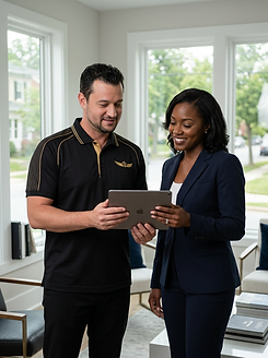 Home inspector reviewing property inspection report with client for investment property evaluation