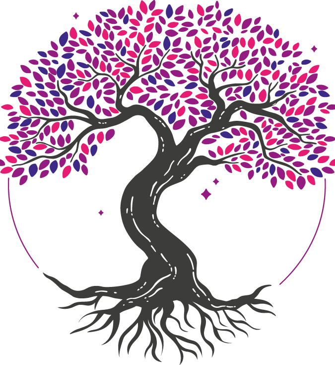 Tree with roots (pink, purple, violet leaves)