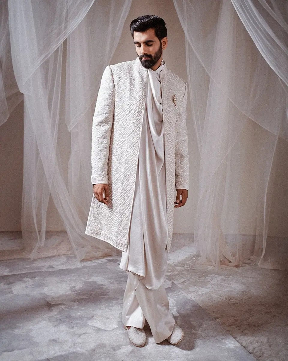 Beige Tava Silk Sherwani with Dupatta for Mens