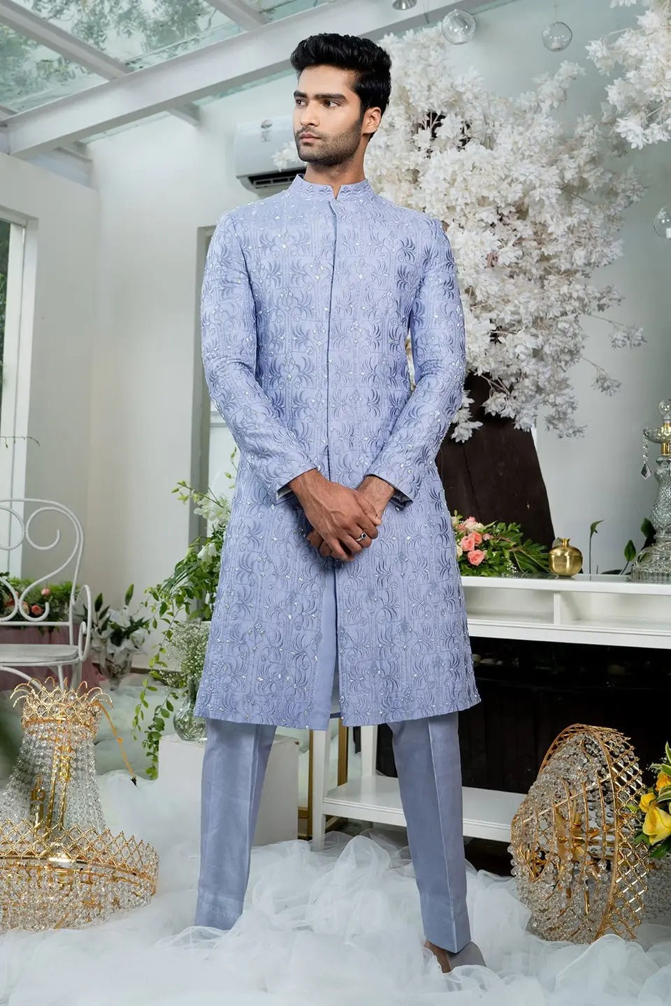 Lilac Blue Embroidered Groom Sherwani Set