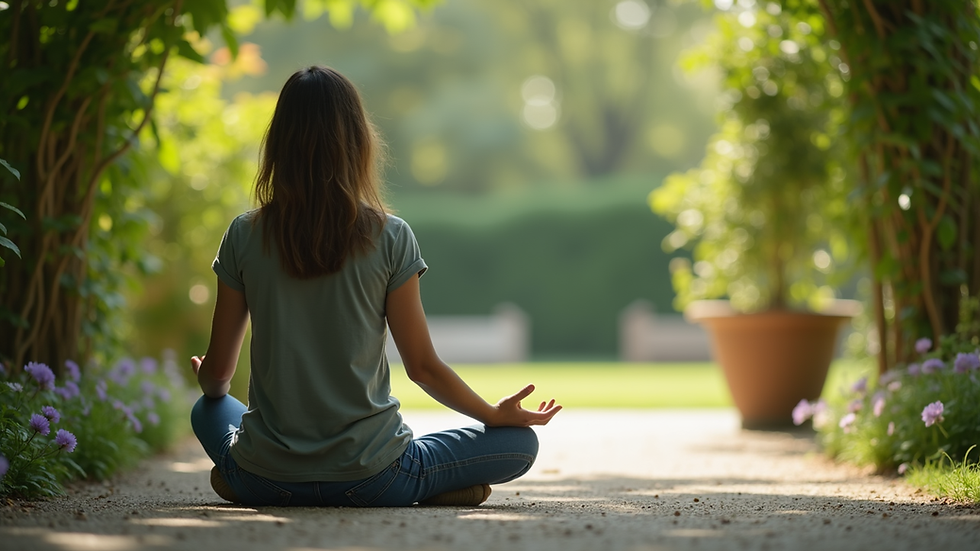Vue rapprochée d'une personne assise en méditation dans un jardin paisible