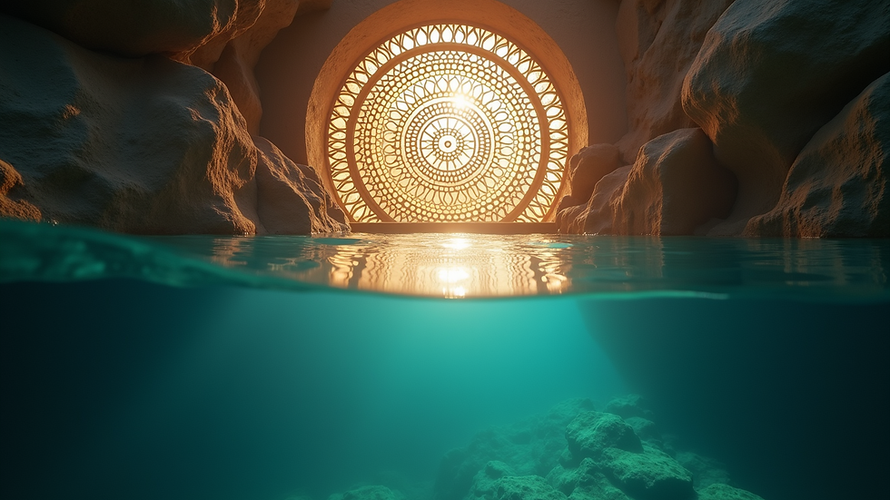 Vue en plongée d'une grille vibratoire en géométrie sacrée Maya, symbole de protection énergétique