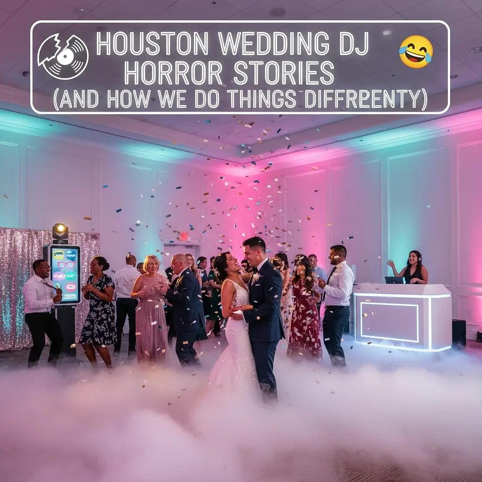 Couple dancing amid confetti and fog at a wedding reception with colorful lights. Text: Houston Wedding DJ Horror Stories, emoji.