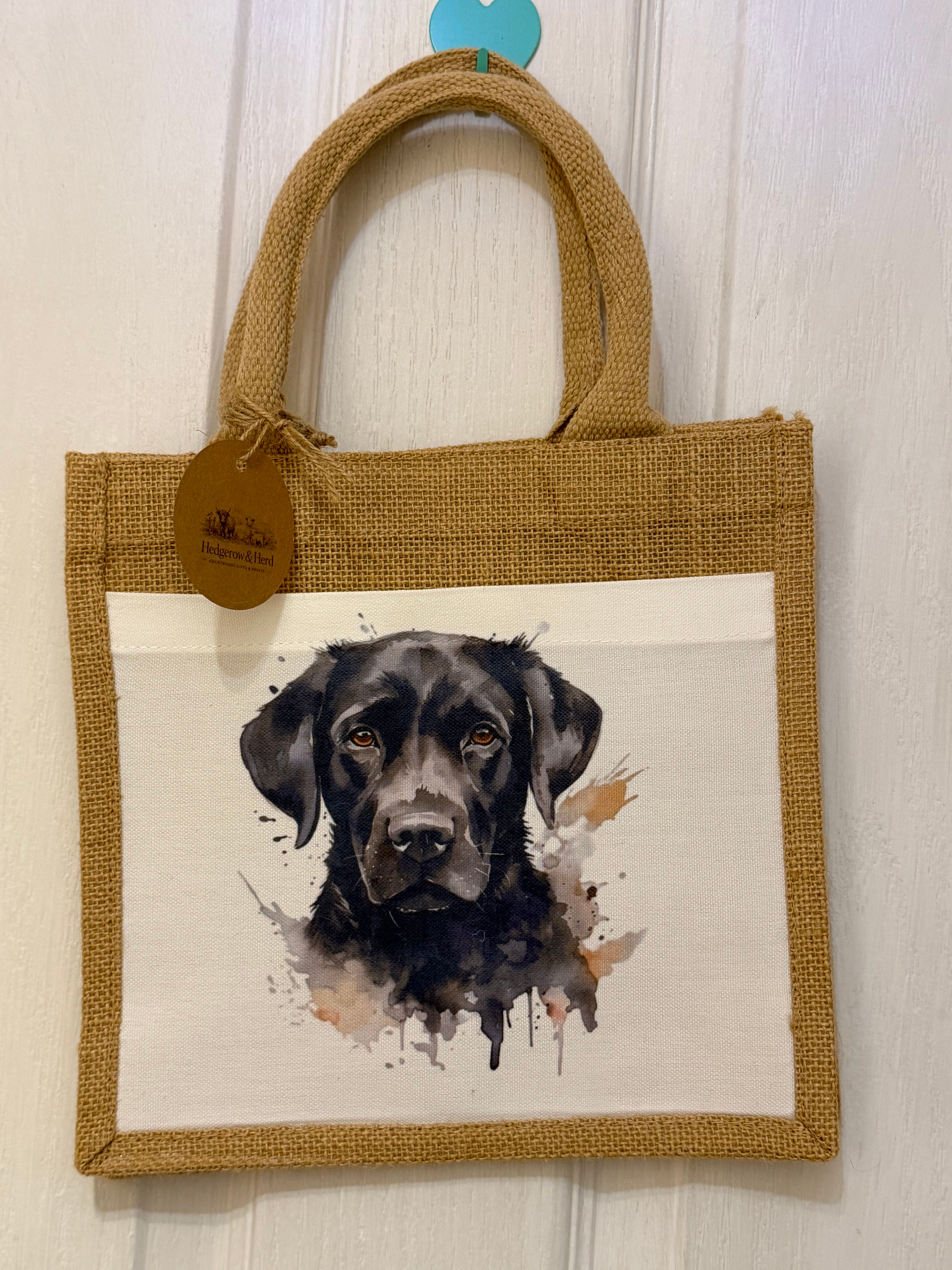 Ozzy the black Labrador jute tote bag 
