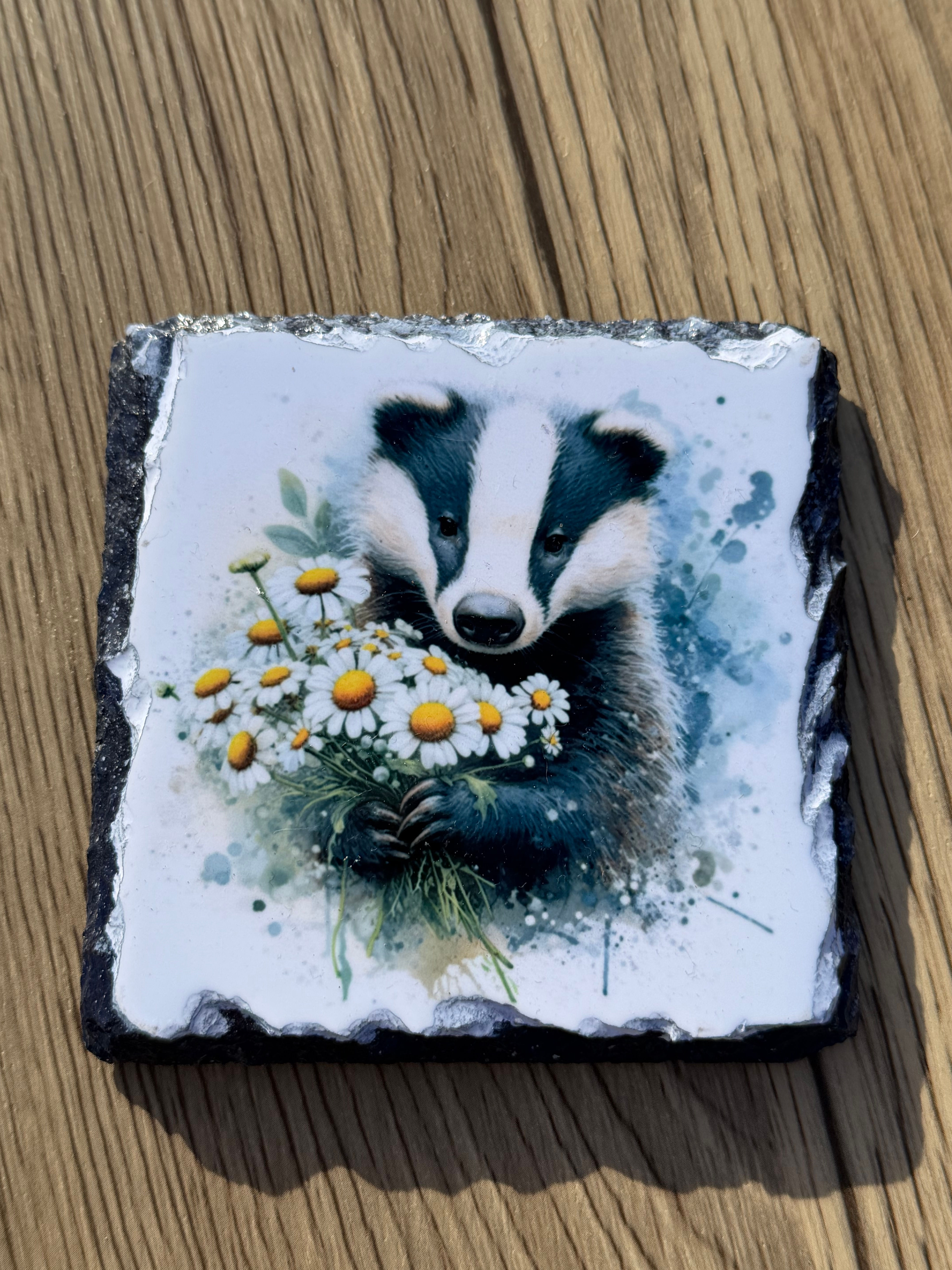 Badger with daisies slate coaster 