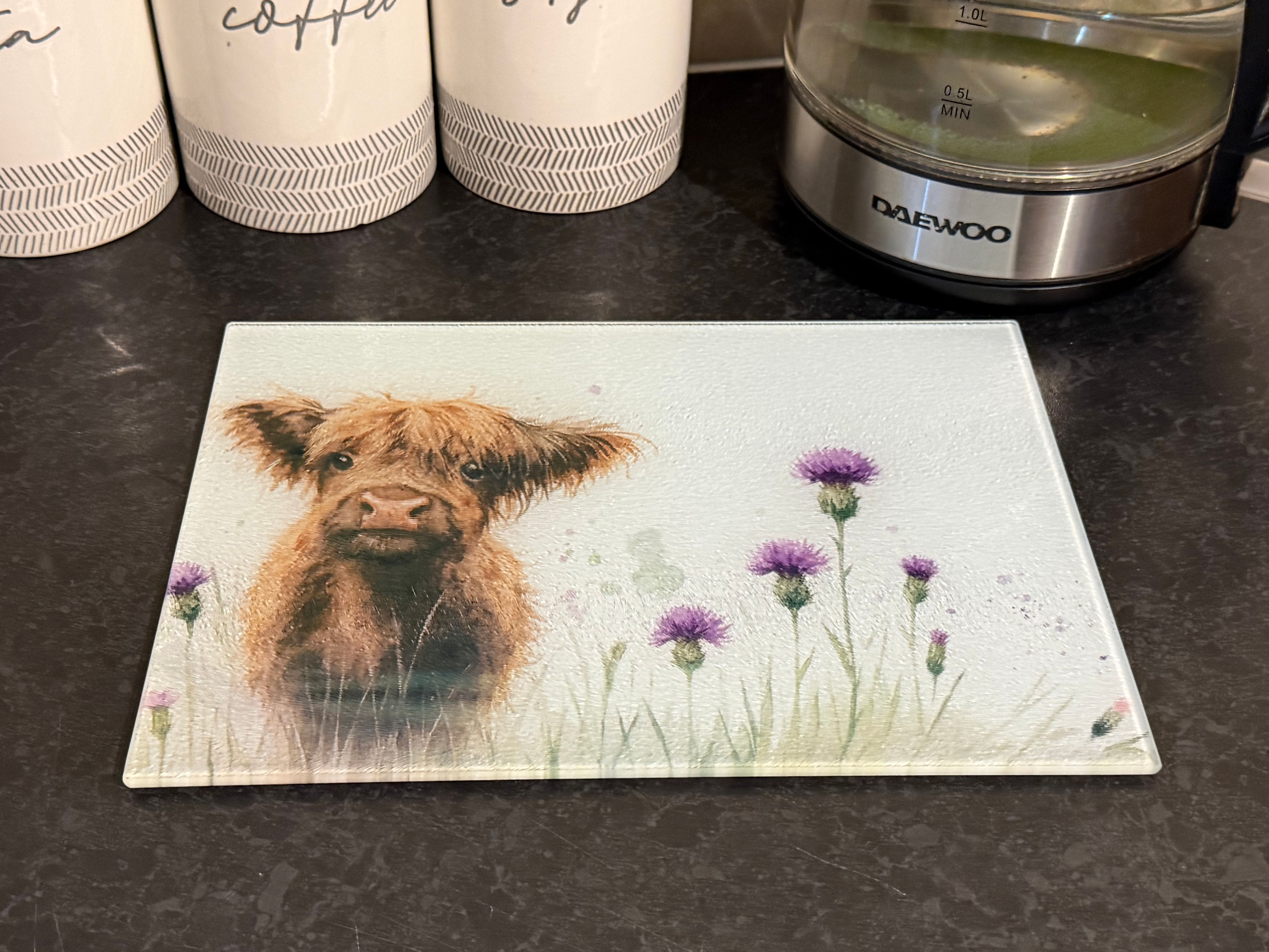 Highland and thistle glass chopping board / worktop saver