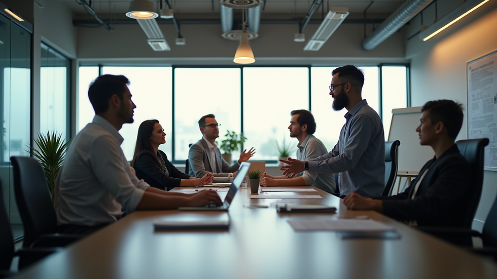 Eye-level view of a modern office space with collaborative teams brainstorming