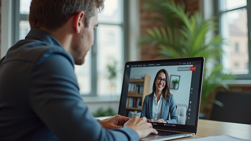 Eye-level view of a professional participating in a virtual coaching session on a laptop