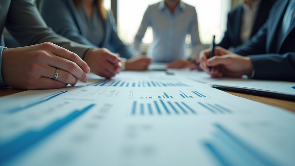 Eye-level view of a business team analyzing growth charts on a conference table