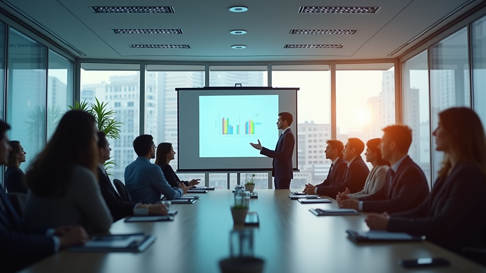 Eye-level view of a professional giving a presentation in a modern conference room