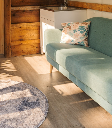 Cozy treatment room space with wood paneling, teal sofa, and patterned pillow inside.