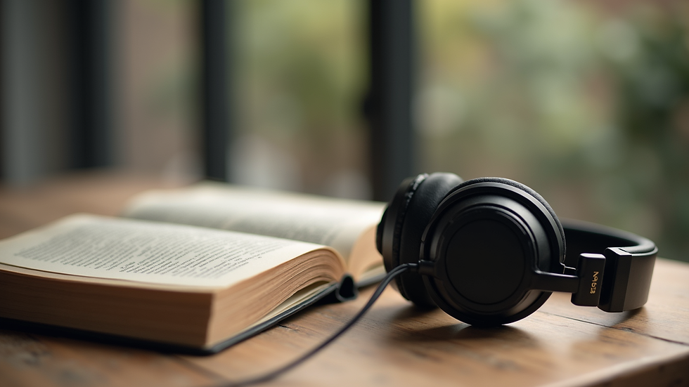 Close-up view of a book and a pair of headphones on a wooden table