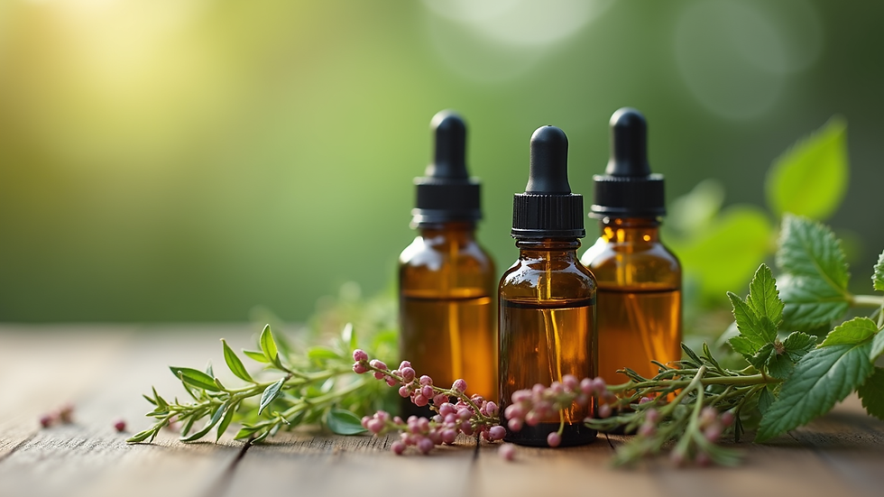 Close-up view of natural essential oil bottles with fresh herbs